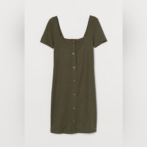 H&M NWT (L) - Khaki Olive Green Square Neck Button Up Short Sleeve Jersey Dress